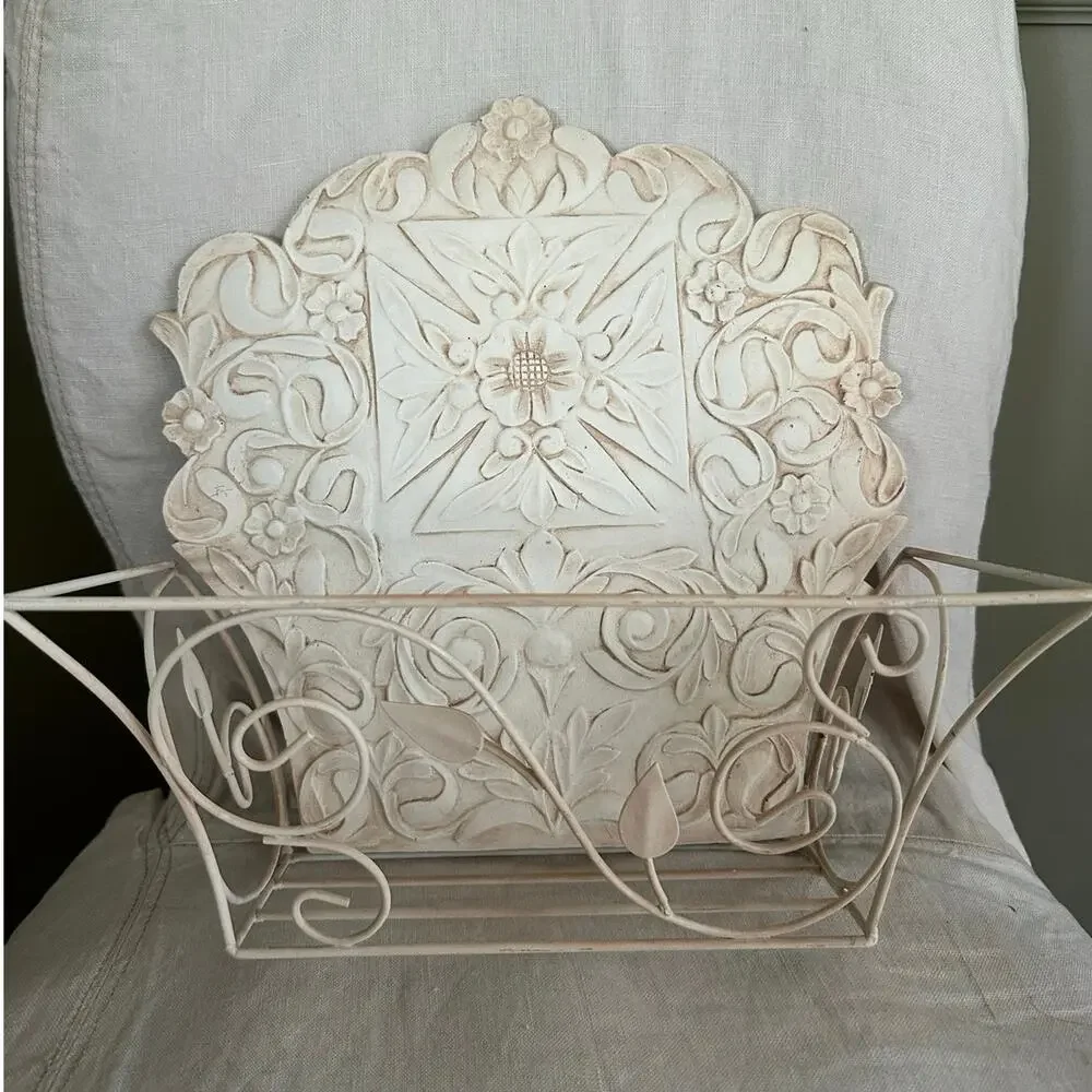 Vintage Metal Wall Mount plant holder Rack cream cottage decor French country